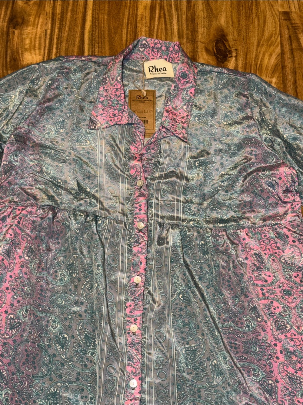 Rhea women dress large 12 14 Pink Teal Paisley' knee Button Front boho tunic NWT - Picture 2 of 8